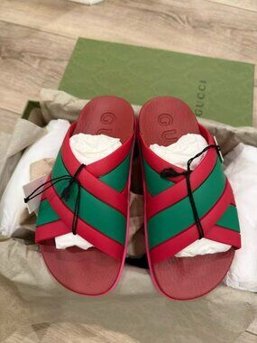NIB Authentic Gucci Web Crisscross Rubber Slide Sandals